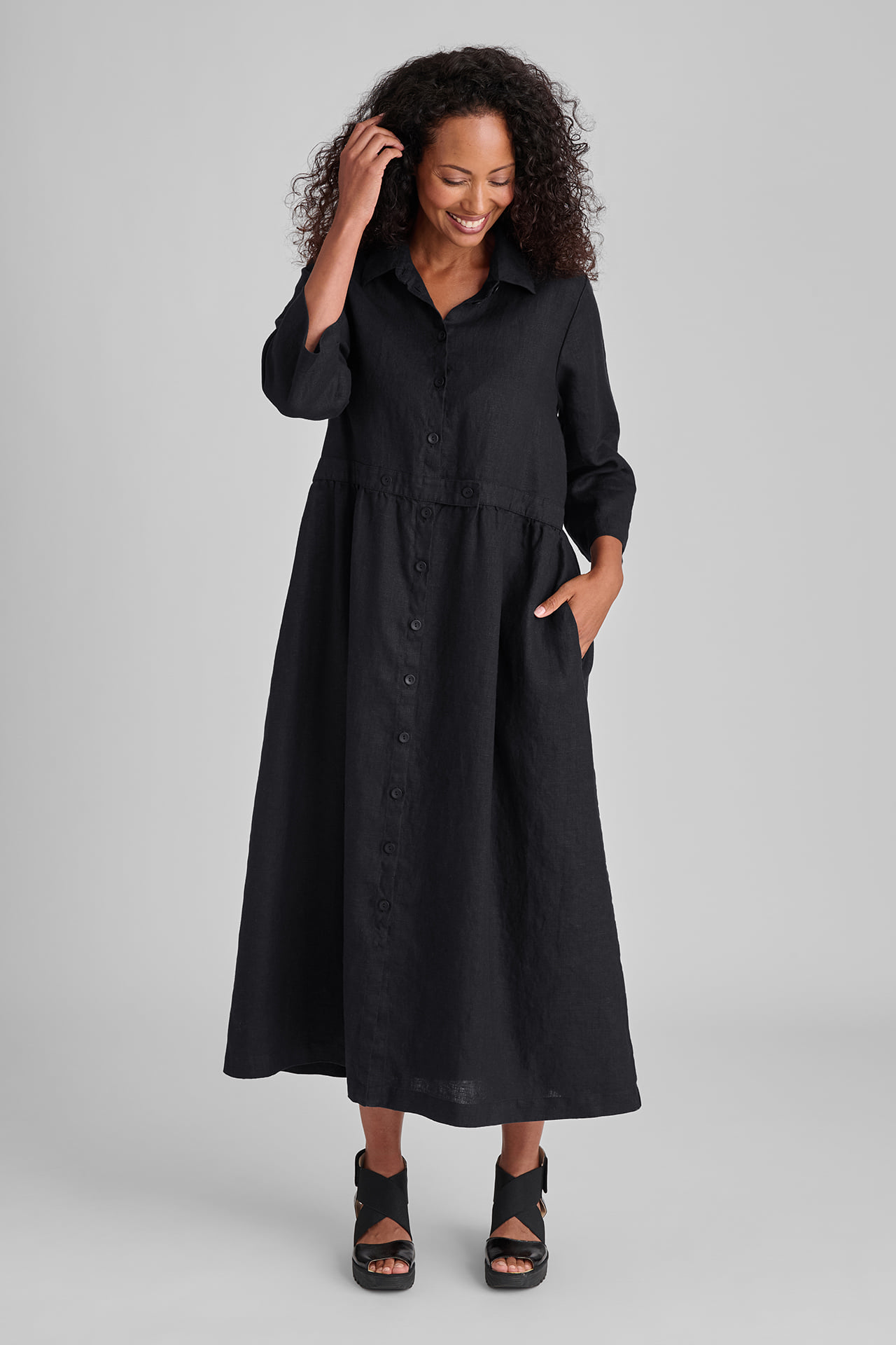 FLAX women's linen button down dress in black