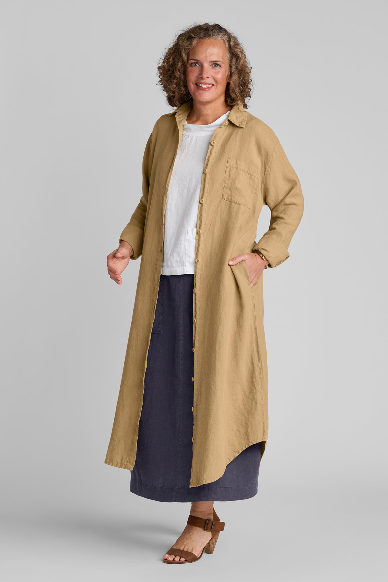 FLAX women's linen outfit in brown and blue