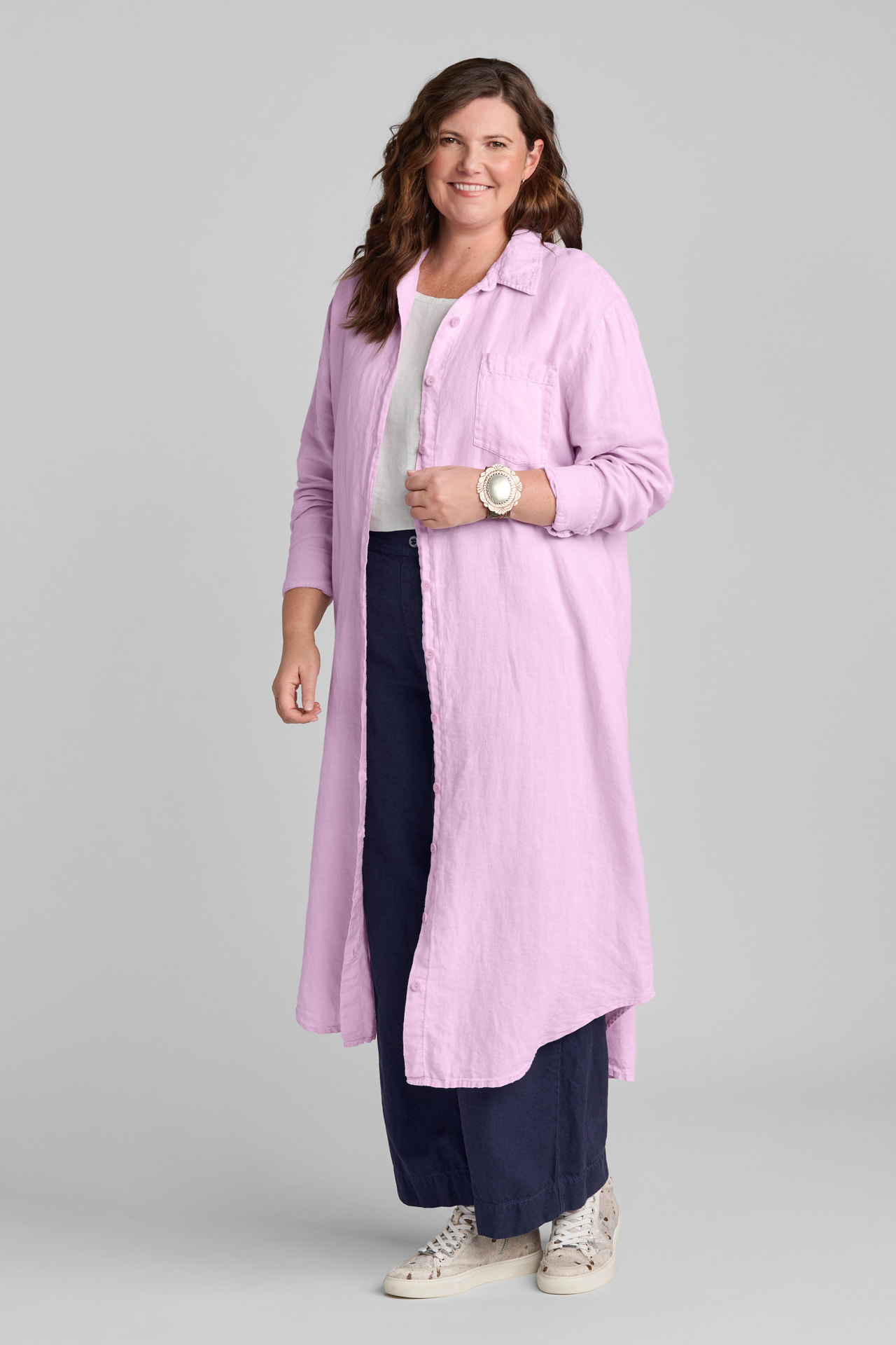 FLAX women's linen outfit in pink and blue